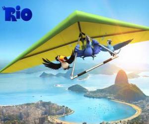 пазл Blu ара, тукан Рафаэль Jewel и дельтаплан пролетел над городом Рио-де-Жанейро